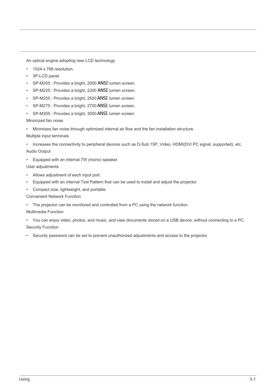 3 using, 1 product features, Using | Product features -1, 3using | Samsung SP-M305 User Manual | Page 36 / 89