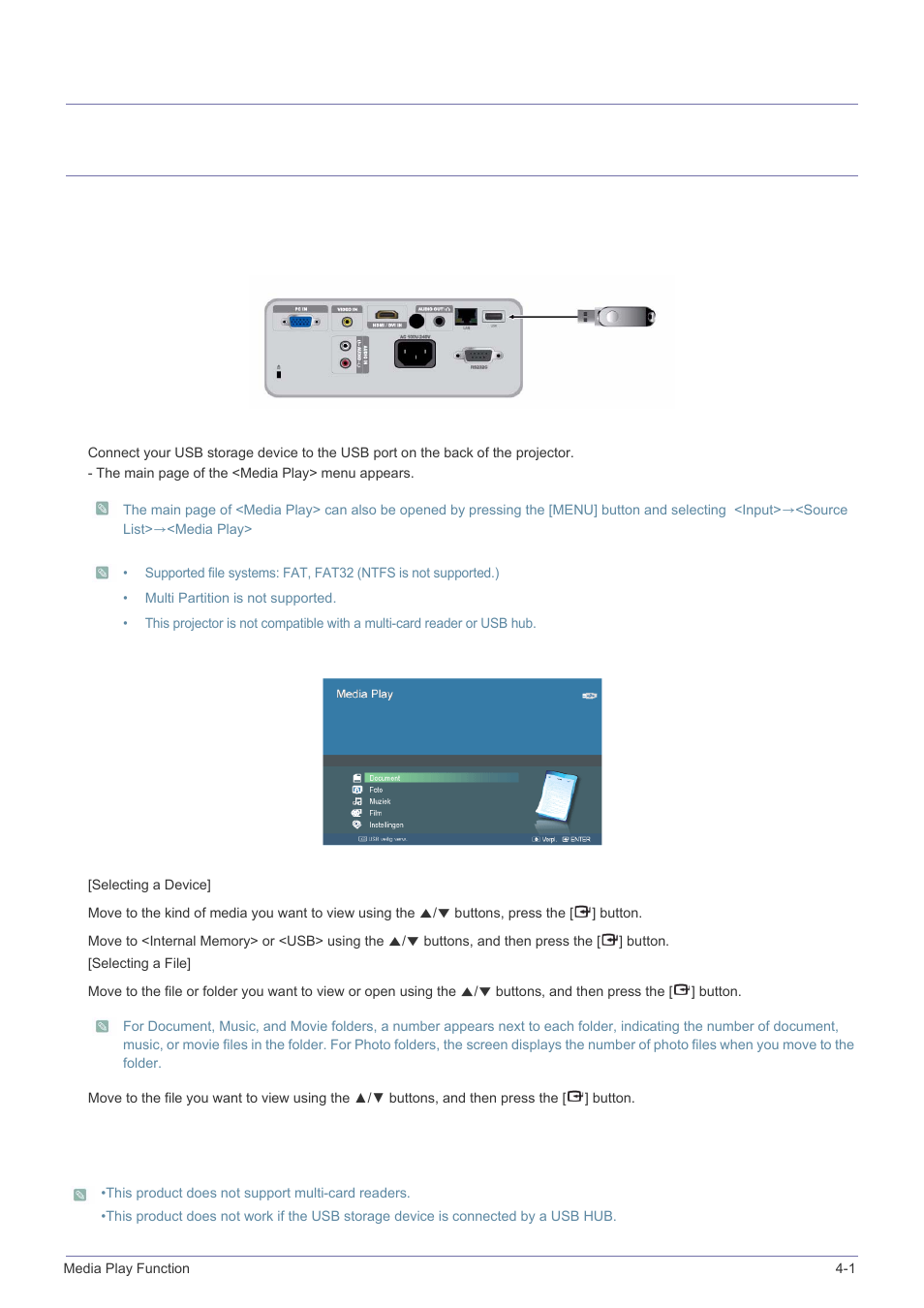 4 media play function, 1 connecting a usb storage device and precautions, Media play function | Connecting a usb storage device and precautions -1, 4media play function, 1-1. connecting a usb device, 1-2. precautions for using a usb storage device | Samsung SP-M305 User Manual | Page 56 / 89
