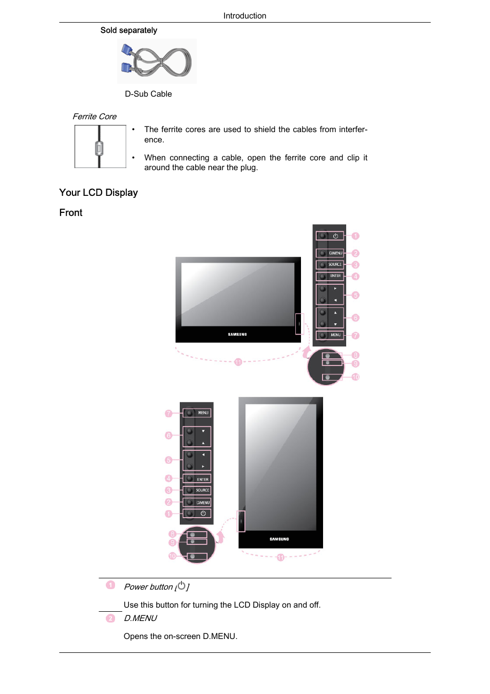 Your lcd display, Front | Samsung 460DR-S User Manual | Page 12 / 117