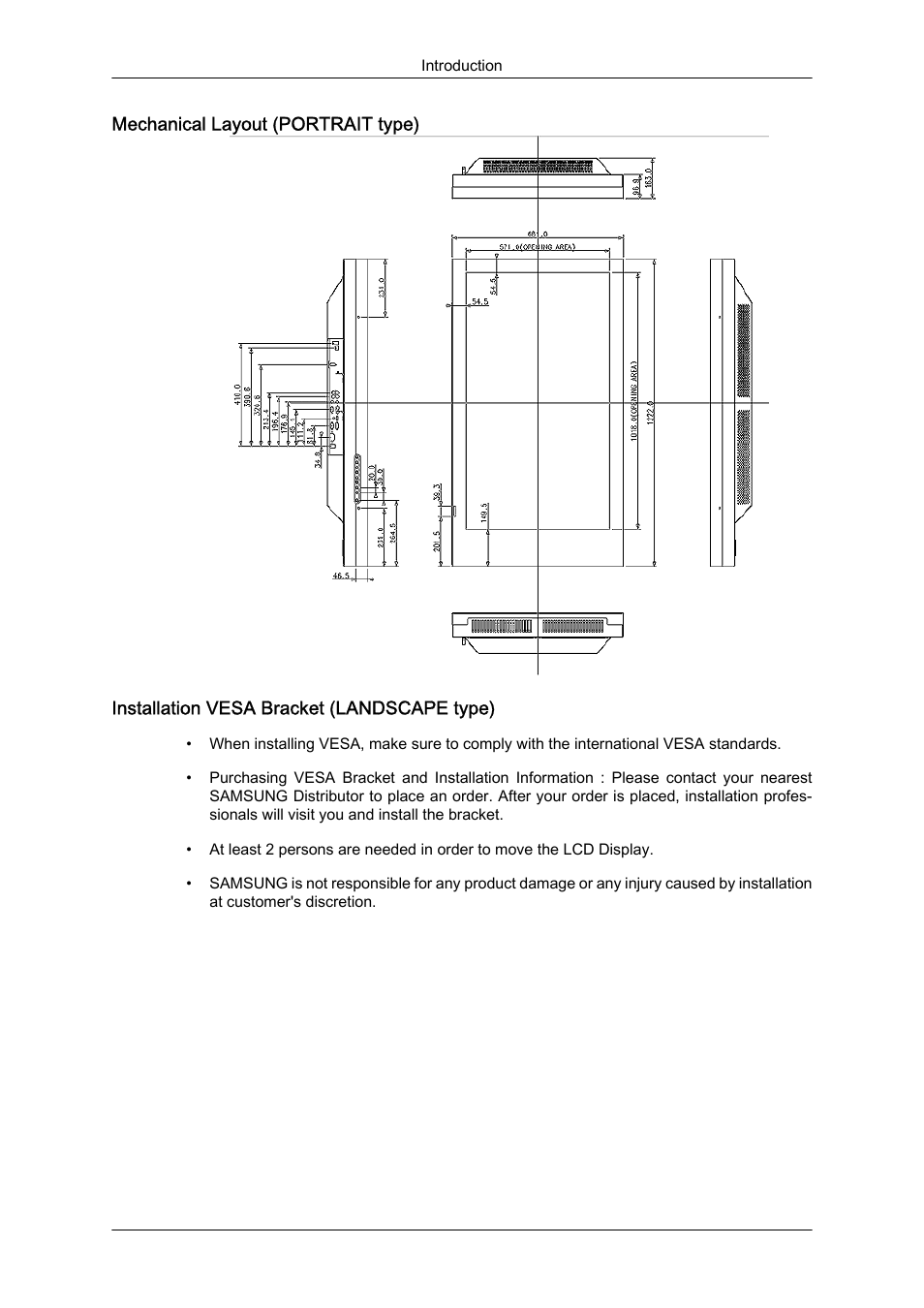 Mechanical layout (portrait type), Installation vesa bracket (landscape type) | Samsung 460DR-S User Manual | Page 20 / 117