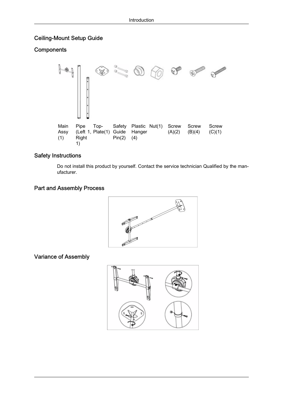 Ceiling-mount setup guide, Components, Safety instructions | Part and assembly process, Variance of assembly | Samsung 460DR-S User Manual | Page 27 / 117