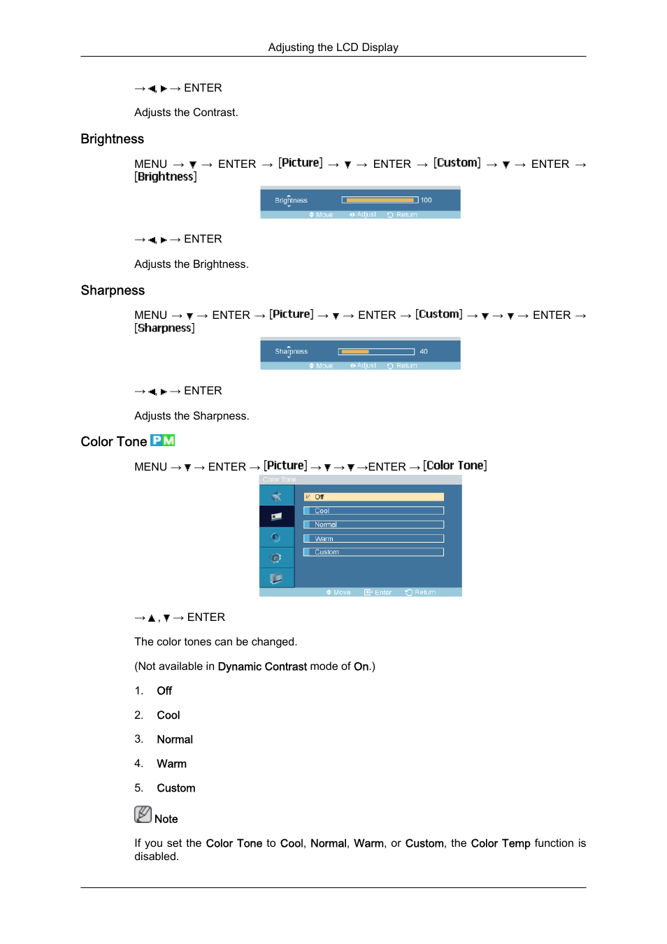 Brightness, Sharpness, Color tone | Samsung 460DR-S User Manual | Page 67 / 117