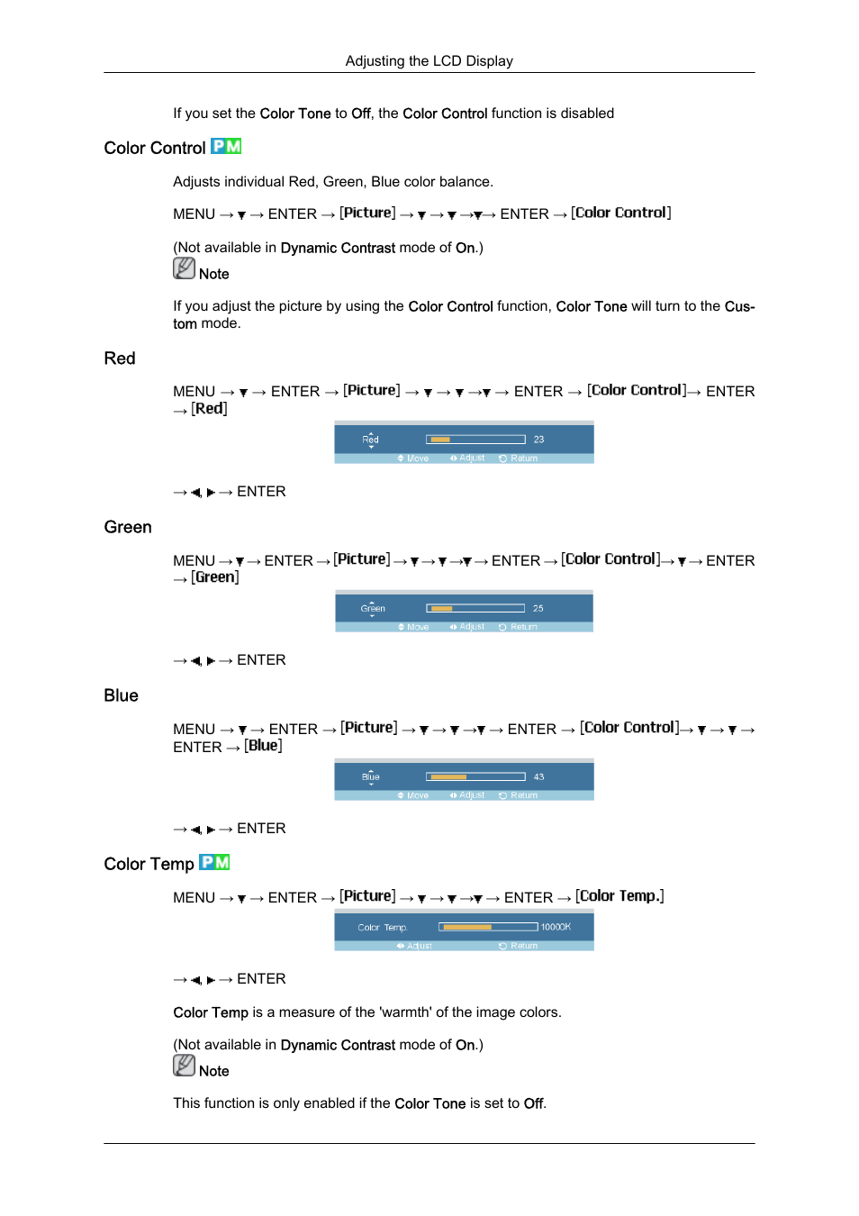 Color control, Green, Blue | Color temp | Samsung 460DR-S User Manual | Page 68 / 117