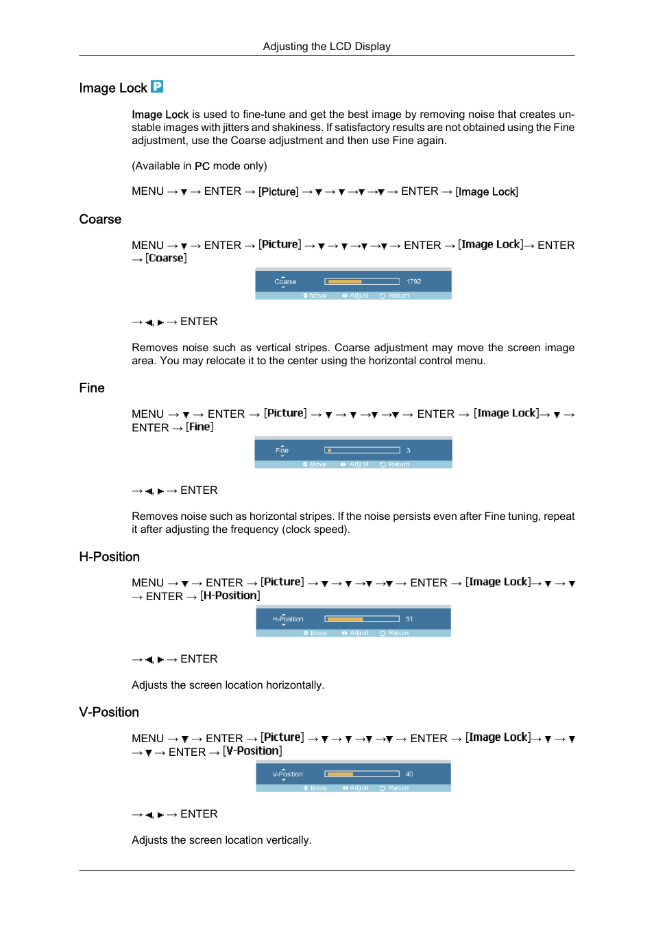 Image lock, Coarse, Fine | H-position, V-position | Samsung 460DR-S User Manual | Page 69 / 117