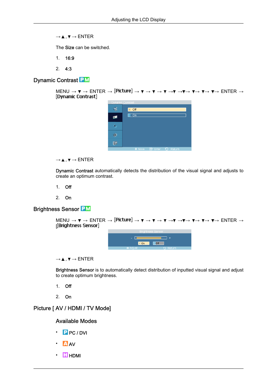 Dynamic contrast, Brightness sensor, Picture [ av / hdmi / tv mode | Samsung 460DR-S User Manual | Page 72 / 117
