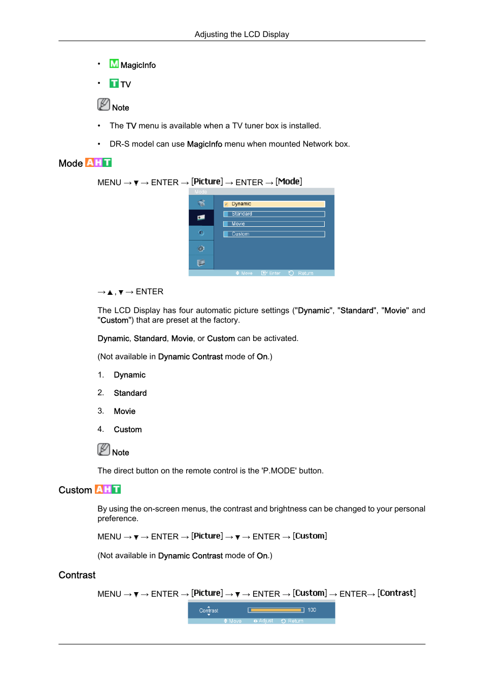 Mode, Custom, Contrast | Samsung 460DR-S User Manual | Page 73 / 117