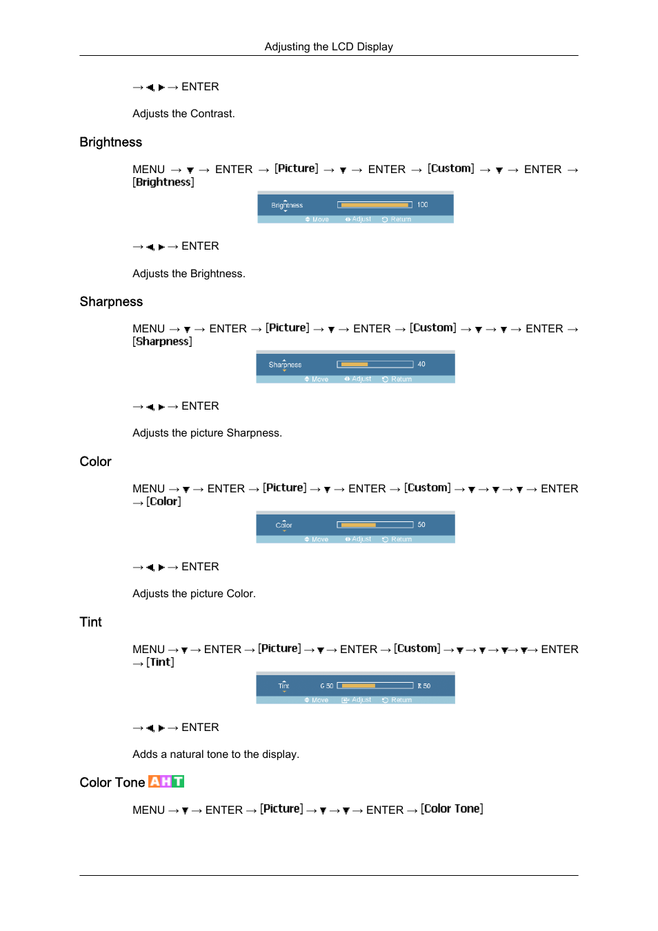 Brightness, Sharpness, Color | Tint, Color tone | Samsung 460DR-S User Manual | Page 74 / 117