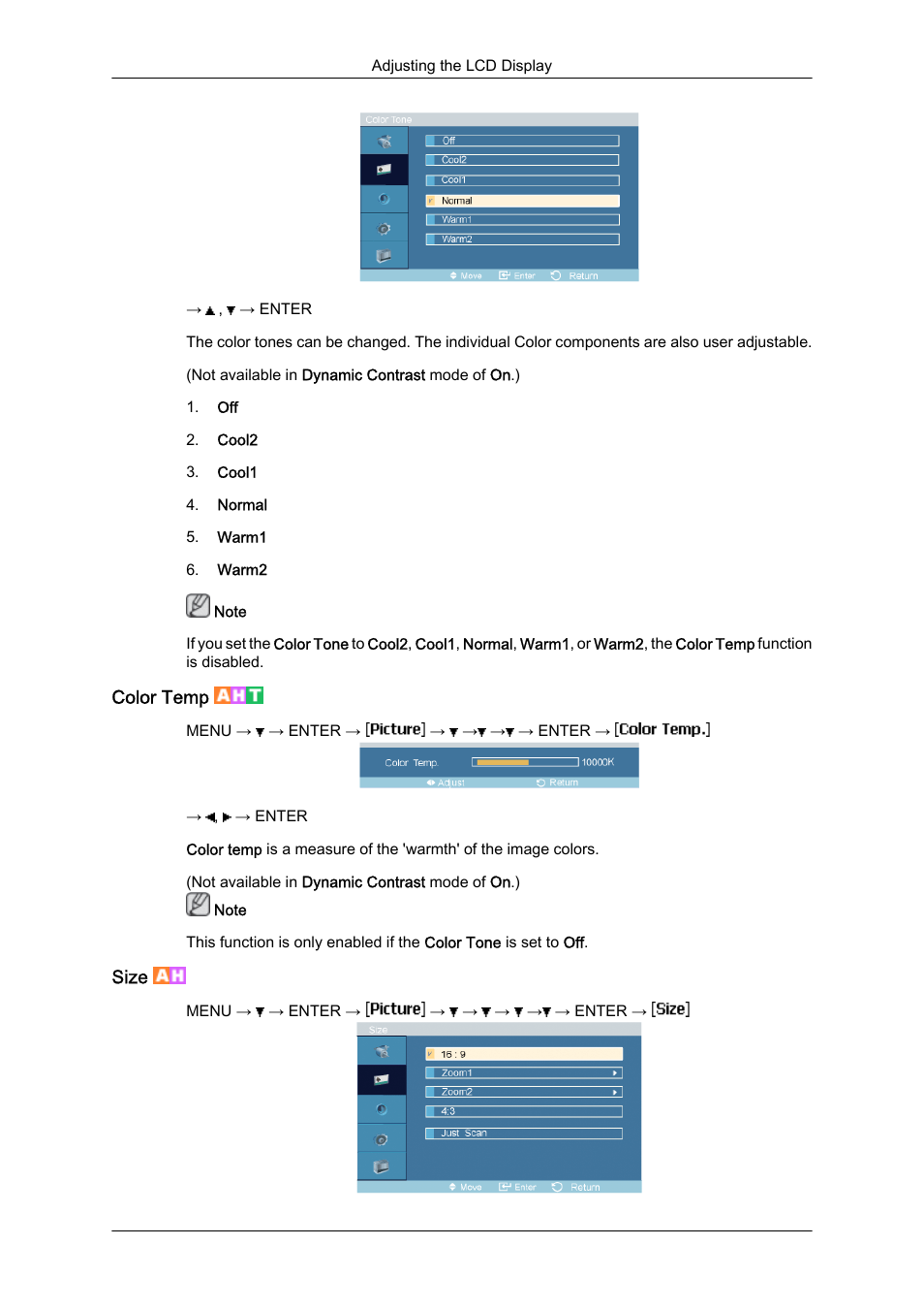 Color temp, Size | Samsung 460DR-S User Manual | Page 75 / 117