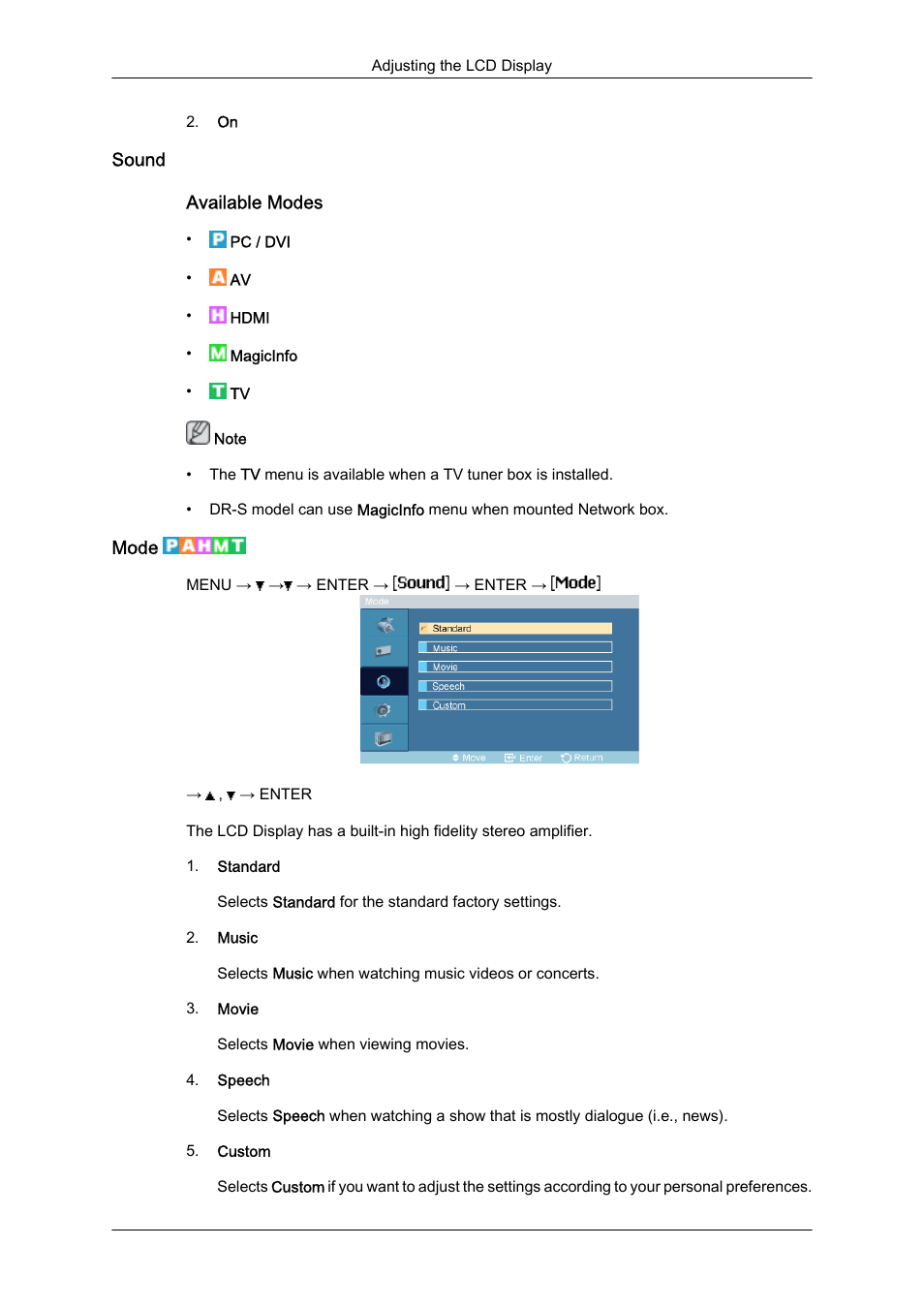 Sound, Mode | Samsung 460DR-S User Manual | Page 78 / 117