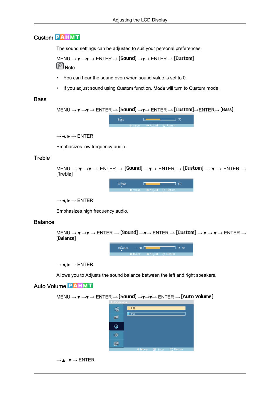 Custom, Bass, Treble | Balance, Auto volume | Samsung 460DR-S User Manual | Page 79 / 117
