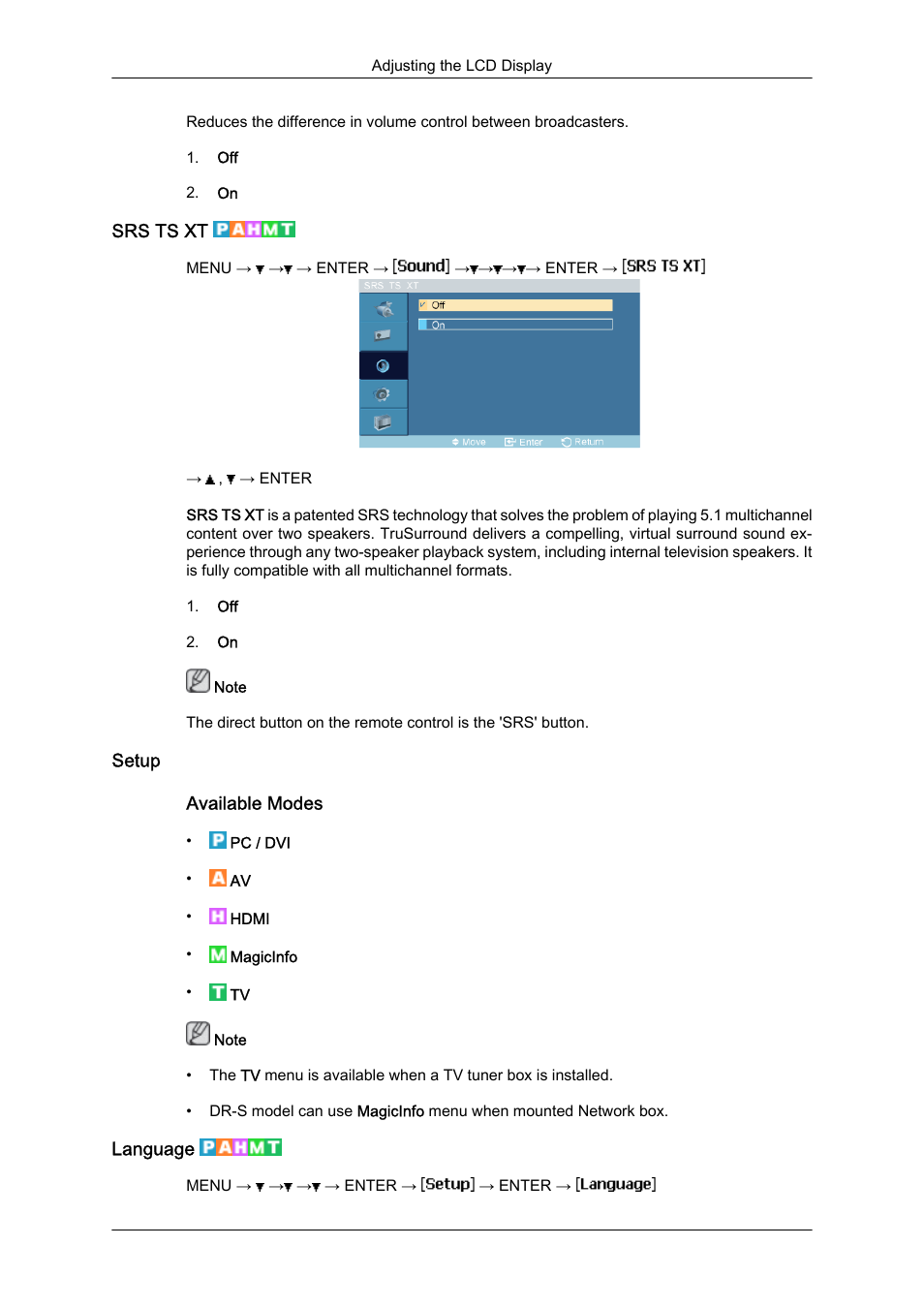 Srs ts xt, Setup, Language | Samsung 460DR-S User Manual | Page 80 / 117