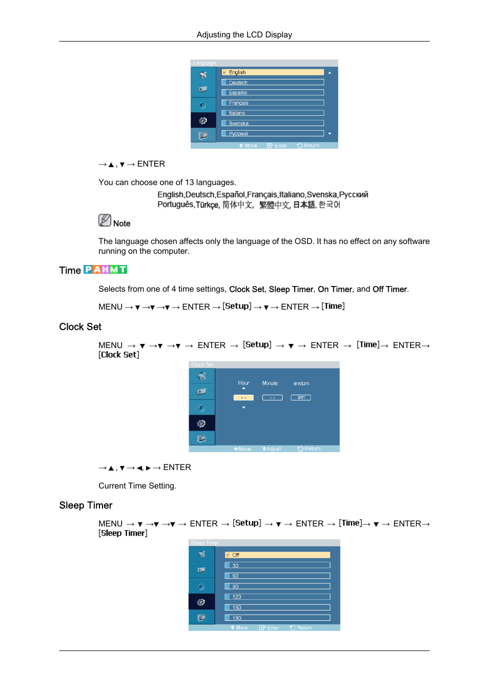 Time, Clock set, Sleep timer | Samsung 460DR-S User Manual | Page 81 / 117