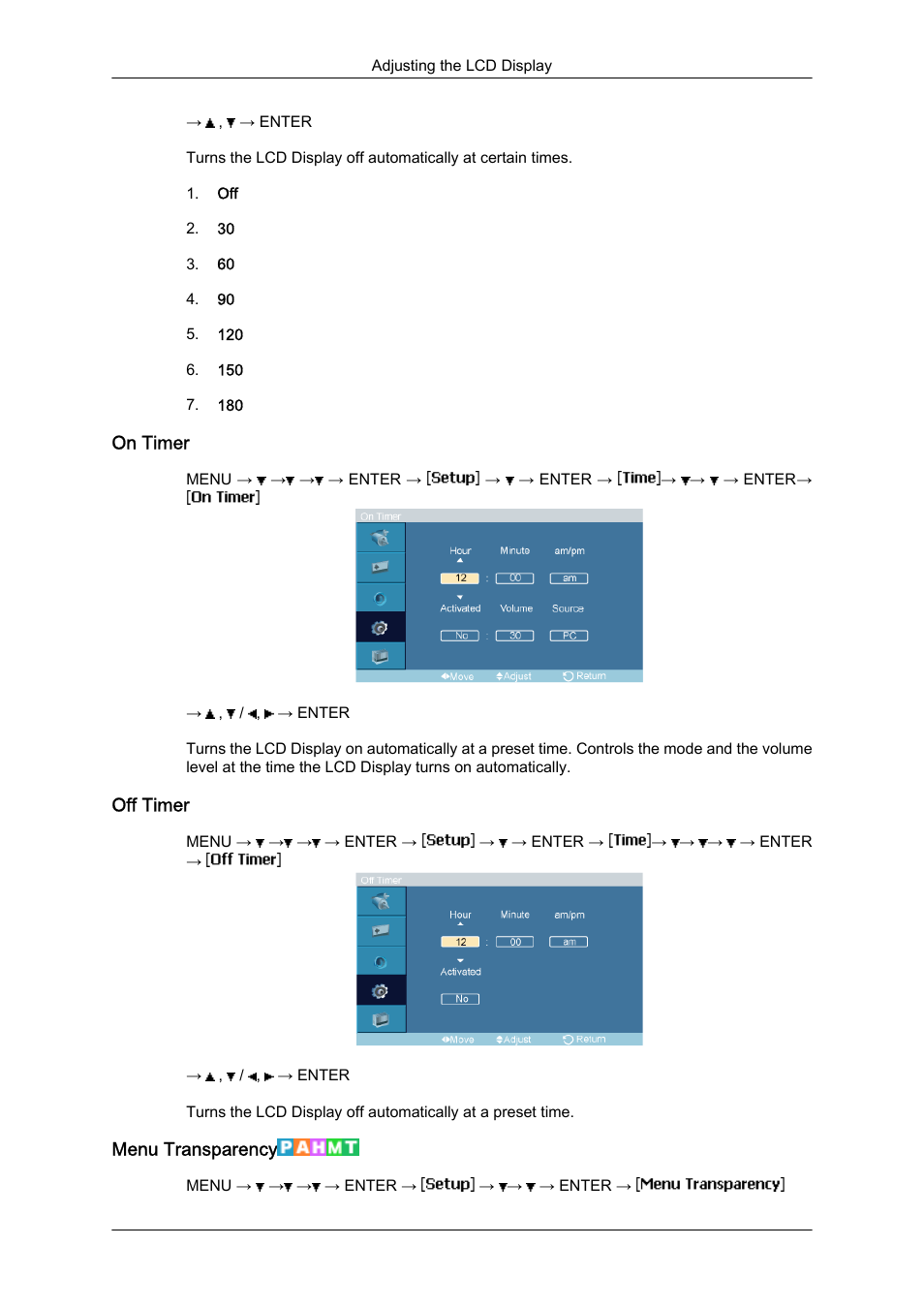 On timer, Off timer, Menu transparency | Samsung 460DR-S User Manual | Page 82 / 117