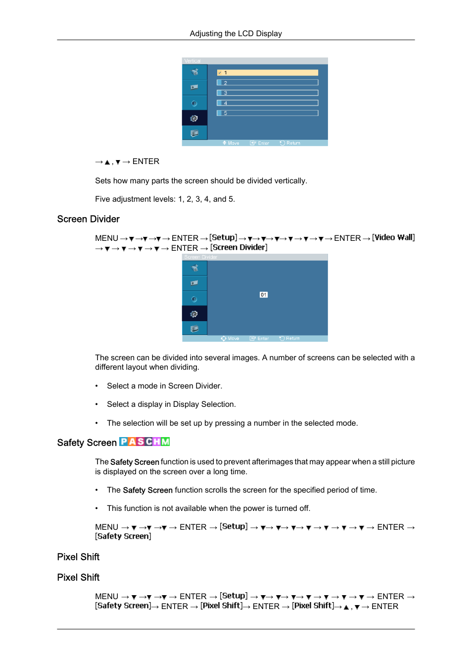 Screen divider, Safety screen, Pixel shift | Samsung 460DR-S User Manual | Page 86 / 117