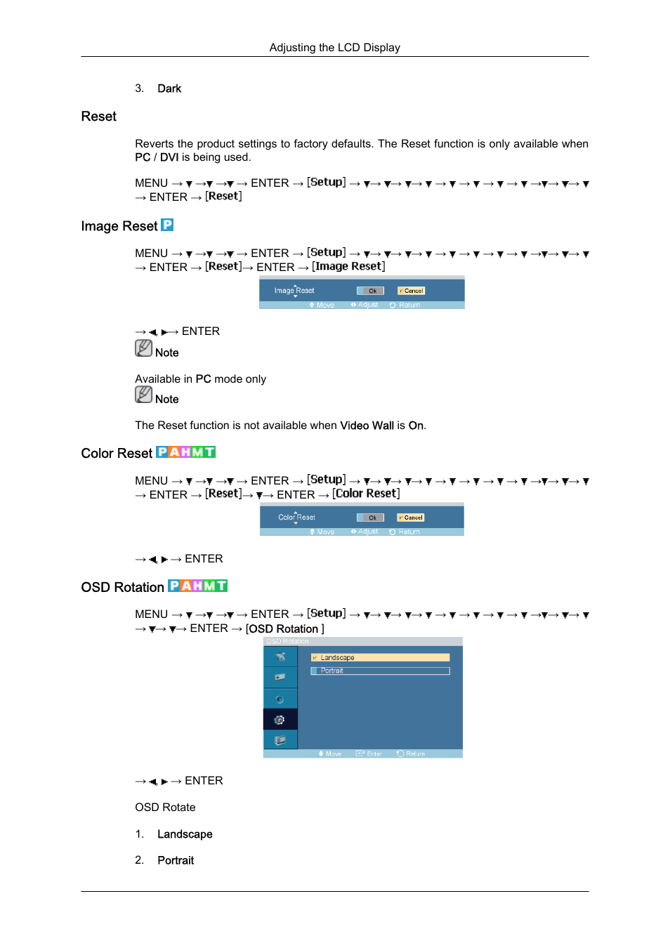 Reset, Image reset, Color reset | Osd rotation | Samsung 460DR-S User Manual | Page 92 / 117