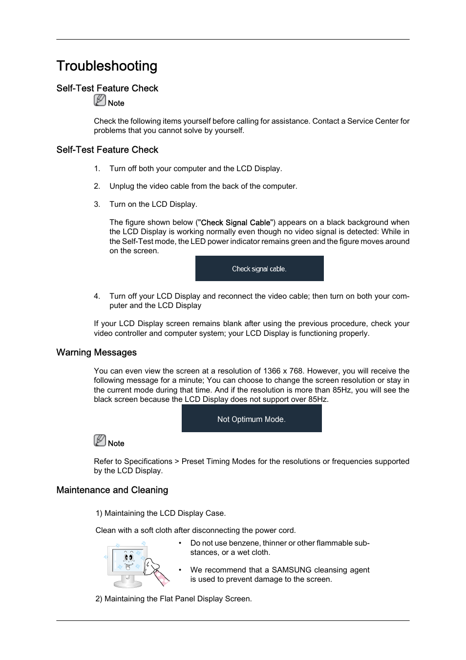 Troubleshooting, Self-test feature check, Warning messages | Maintenance and cleaning | Samsung 460DR-S User Manual | Page 97 / 117
