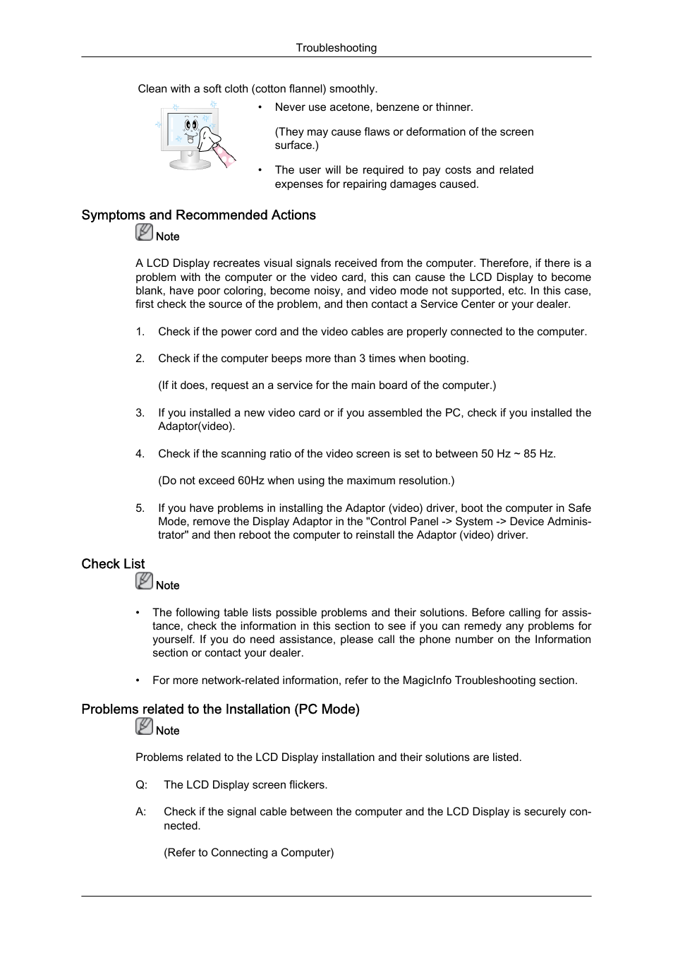 Symptoms and recommended actions, Check list, Problems related to the installation (pc mode) | Samsung 460DR-S User Manual | Page 98 / 117