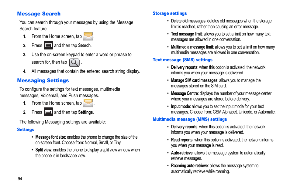 Message search, Messaging settings, Message search messaging settings | Samsung GALAXY S SGH-T989D User Manual | Page 102 / 223