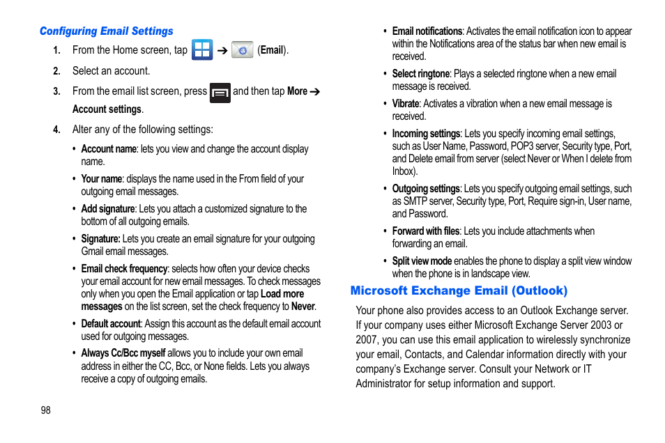 Microsoft exchange email (outlook) | Samsung GALAXY S SGH-T989D User Manual | Page 106 / 223