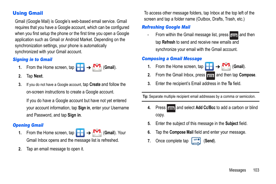 Using gmail | Samsung GALAXY S SGH-T989D User Manual | Page 111 / 223