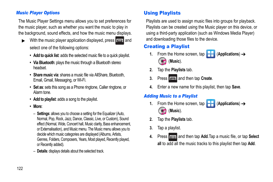 Using playlists, Creating a playlist, Using playlists creating a playlist | Samsung GALAXY S SGH-T989D User Manual | Page 130 / 223