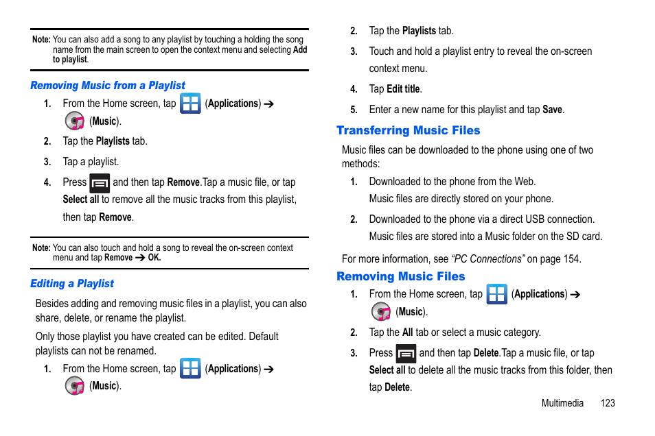 Transferring music files, Removing music files, Transferring music files removing music files | Samsung GALAXY S SGH-T989D User Manual | Page 131 / 223