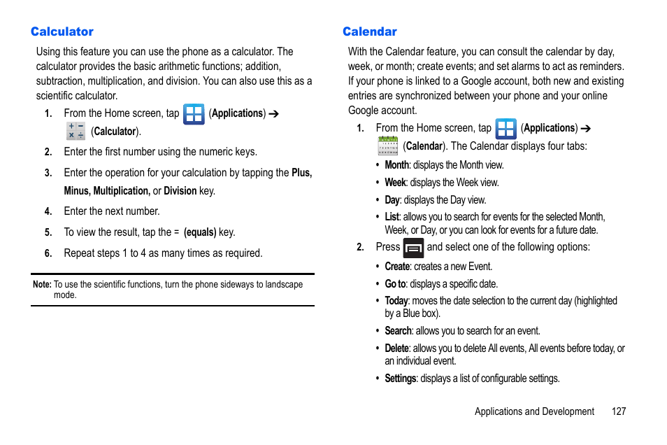 Calculator, Calendar, Calculator calendar | Samsung GALAXY S SGH-T989D User Manual | Page 135 / 223