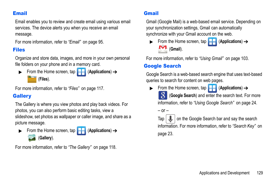 Email, Files, Gallery | Gmail, Google search, Email files, Gallery gmail google search | Samsung GALAXY S SGH-T989D User Manual | Page 137 / 223