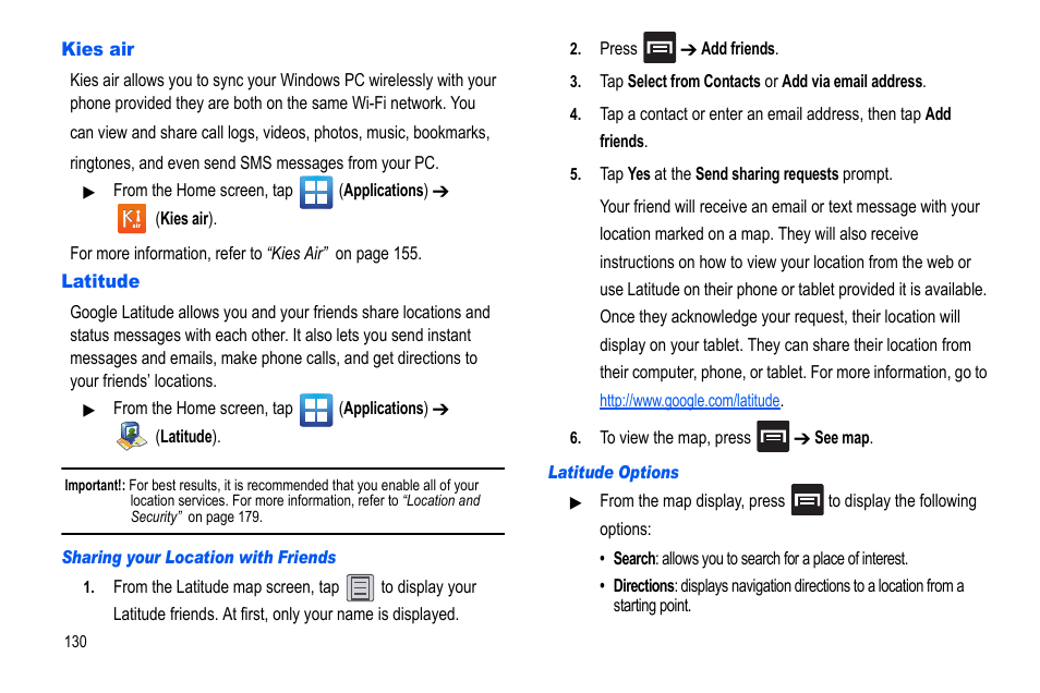 Kies air, Latitude, Kies air latitude | Samsung GALAXY S SGH-T989D User Manual | Page 138 / 223