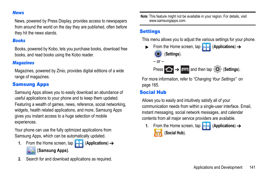 Samsung apps, Settings, Social hub | Samsung apps settings social hub | Samsung GALAXY S SGH-T989D User Manual | Page 149 / 223