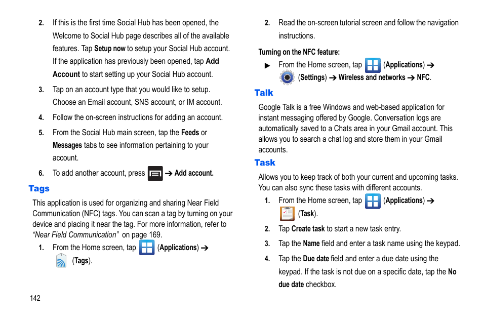 Tags, Talk, Task | Tags talk task | Samsung GALAXY S SGH-T989D User Manual | Page 150 / 223