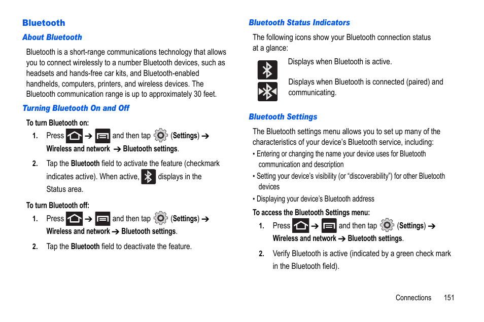Bluetooth | Samsung GALAXY S SGH-T989D User Manual | Page 159 / 223