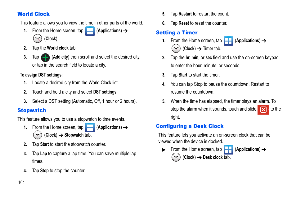 World clock, Stopwatch, Setting a timer | Configuring a desk clock | Samsung GALAXY S SGH-T989D User Manual | Page 172 / 223