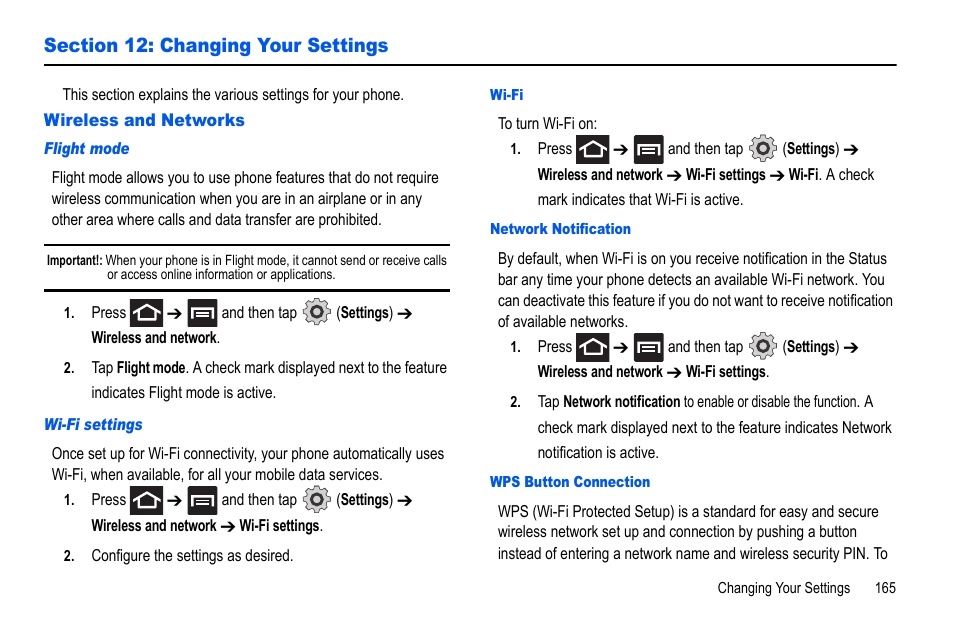 Section 12: changing your settings, Wireless and networks, For more | Samsung GALAXY S SGH-T989D User Manual | Page 173 / 223