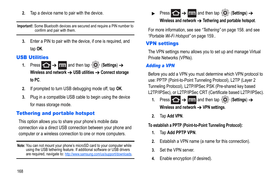 Usb utilities, Tethering and portable hotspot, Vpn settings | Samsung GALAXY S SGH-T989D User Manual | Page 176 / 223