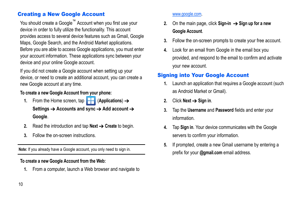 Creating a new google account, Signing into your google account | Samsung GALAXY S SGH-T989D User Manual | Page 18 / 223