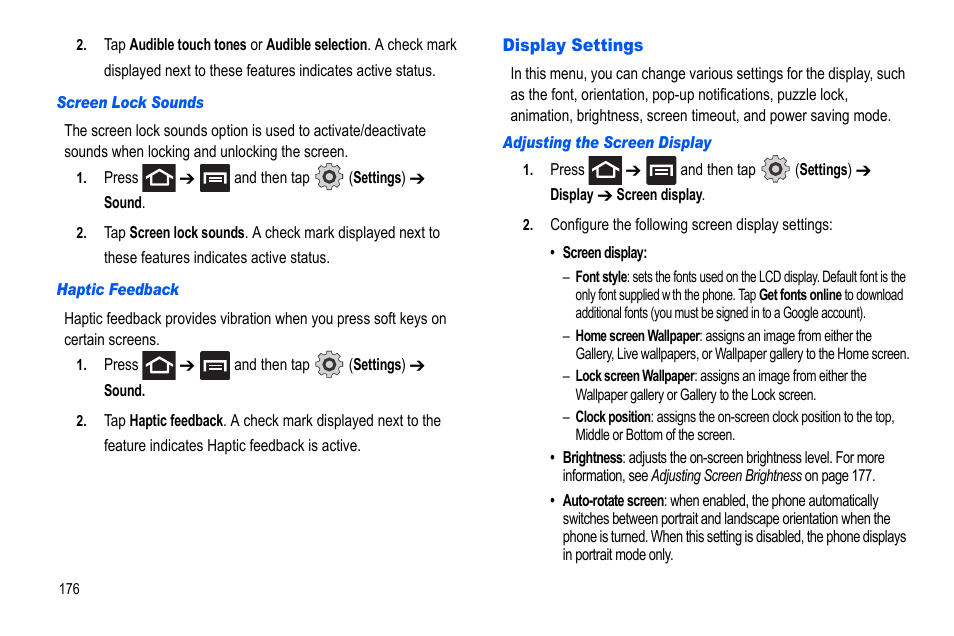 Display settings | Samsung GALAXY S SGH-T989D User Manual | Page 184 / 223