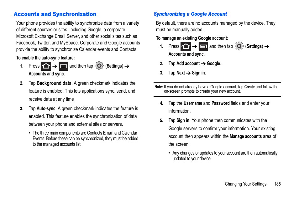 Accounts and synchronization | Samsung GALAXY S SGH-T989D User Manual | Page 193 / 223