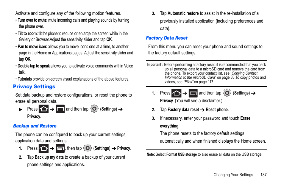 Privacy settings | Samsung GALAXY S SGH-T989D User Manual | Page 195 / 223