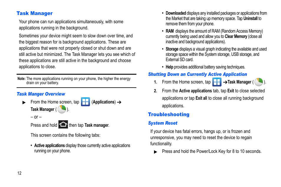 Task manager, Troubleshooting, Task manager troubleshooting | Samsung GALAXY S SGH-T989D User Manual | Page 20 / 223