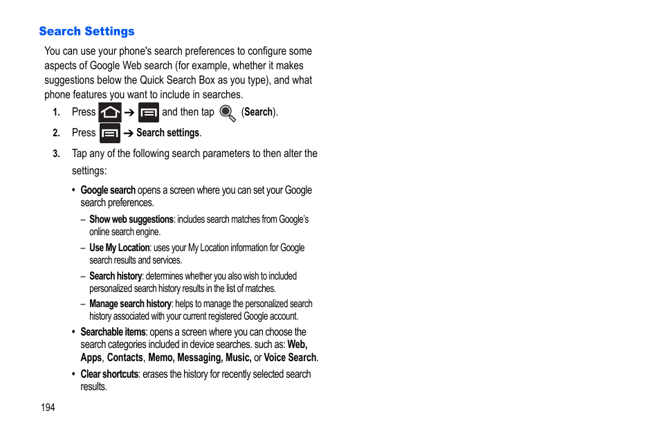 Search settings | Samsung GALAXY S SGH-T989D User Manual | Page 202 / 223
