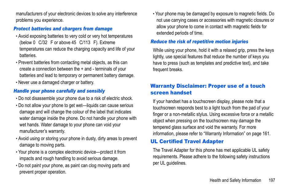 Ul certified travel adapter | Samsung GALAXY S SGH-T989D User Manual | Page 205 / 223