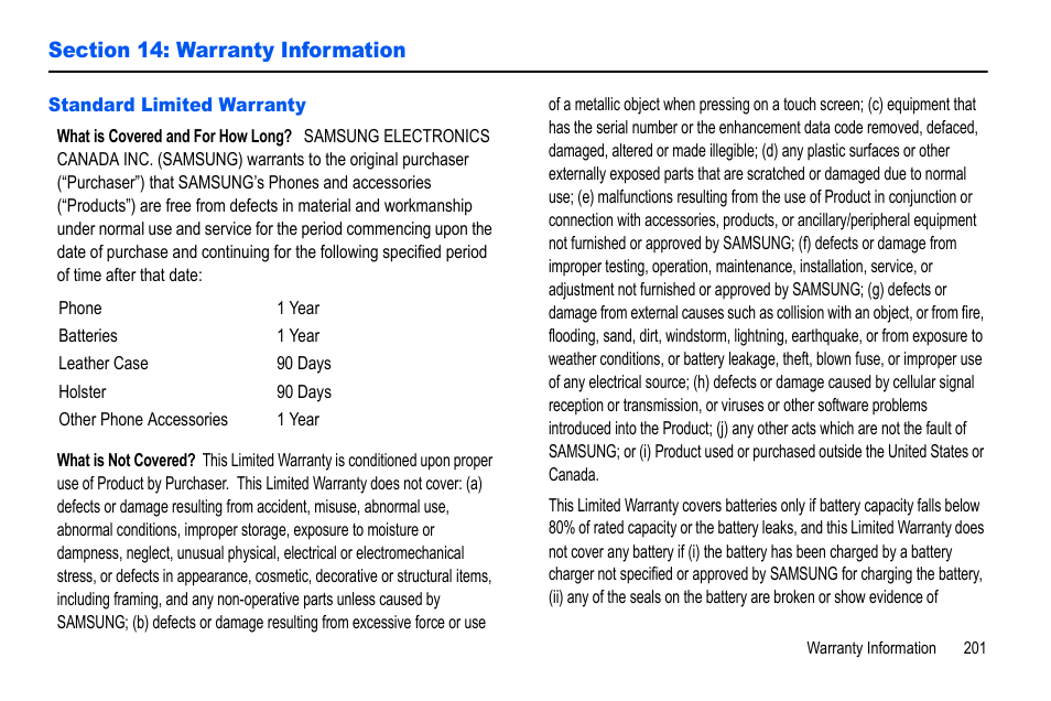 Section 14: warranty information, Standard limited warranty | Samsung GALAXY S SGH-T989D User Manual | Page 209 / 223