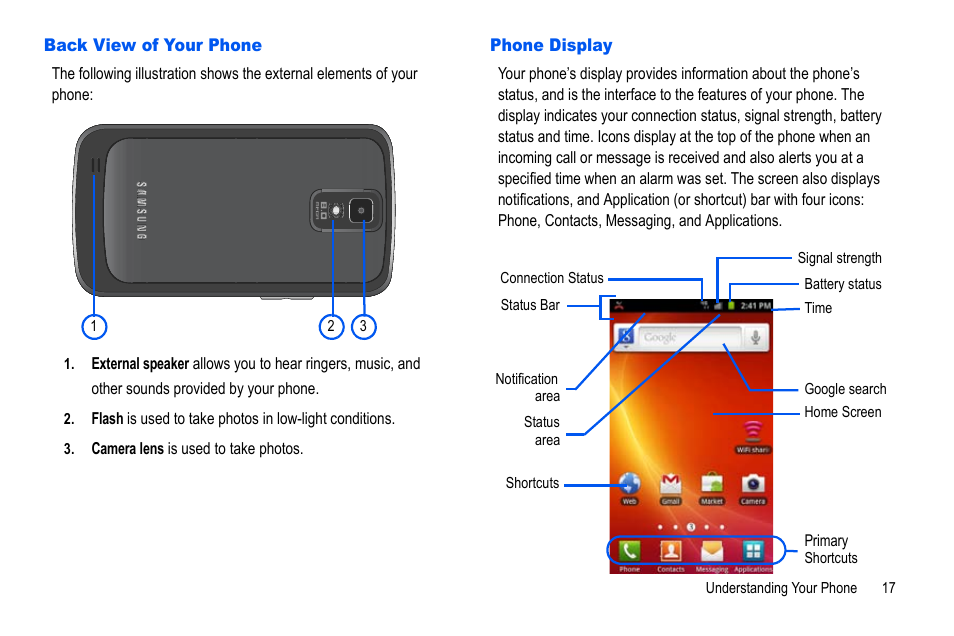 Back view of your phone, Phone display, Back view of your phone phone display | Samsung GALAXY S SGH-T989D User Manual | Page 25 / 223