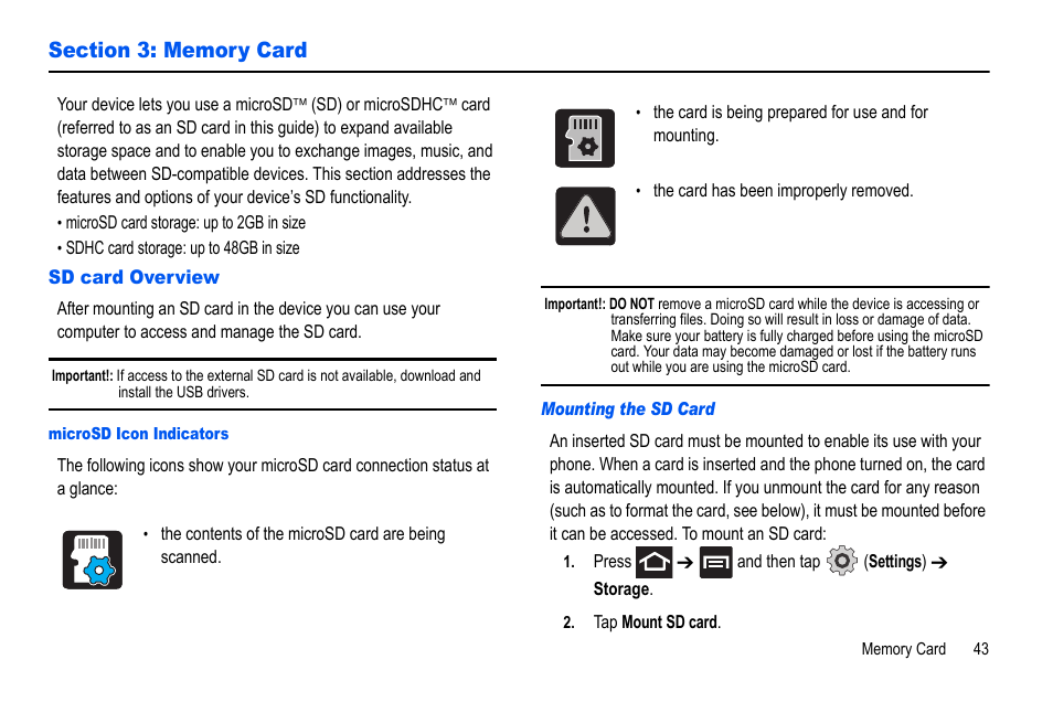 Section 3: memory card, Sd card overview | Samsung GALAXY S SGH-T989D User Manual | Page 51 / 223