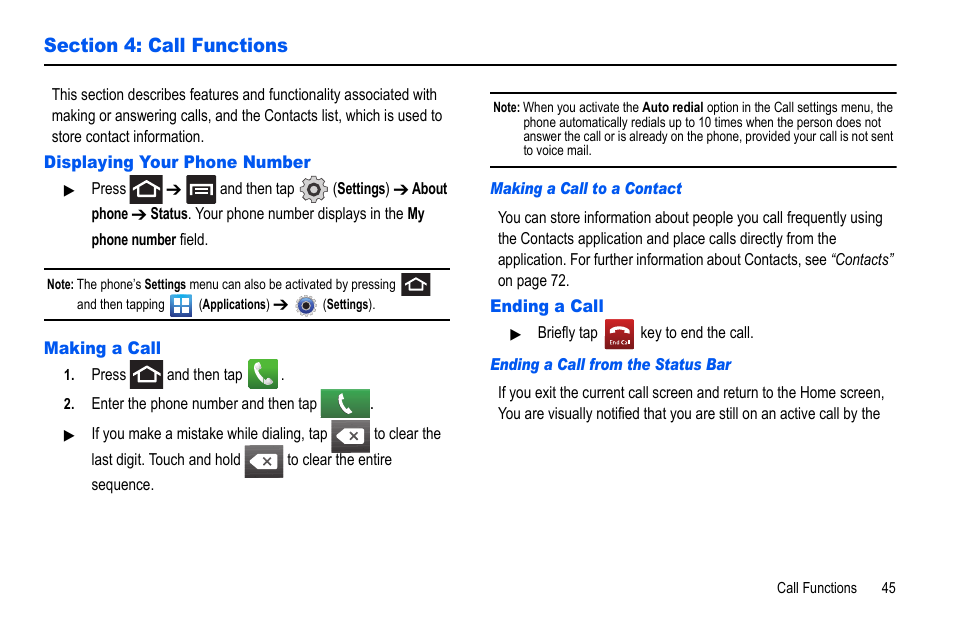 Section 4: call functions, Displaying your phone number, Making a call | Ending a call | Samsung GALAXY S SGH-T989D User Manual | Page 53 / 223