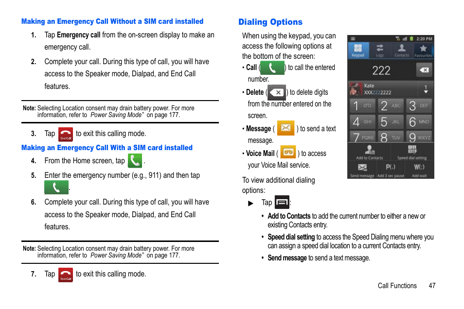 Dialing options | Samsung GALAXY S SGH-T989D User Manual | Page 55 / 223