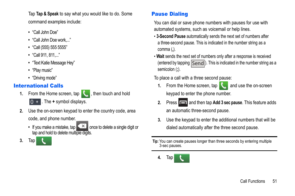 International calls, Pause dialing, International calls pause dialing | Samsung GALAXY S SGH-T989D User Manual | Page 59 / 223