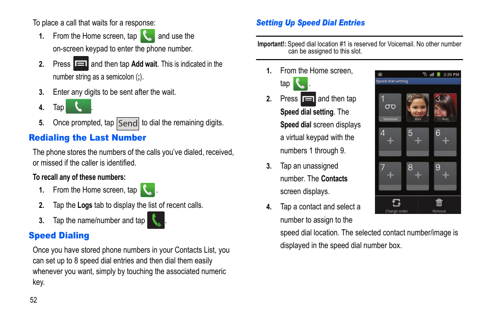 Redialing the last number, Speed dialing, Redialing the last number speed dialing | Samsung GALAXY S SGH-T989D User Manual | Page 60 / 223