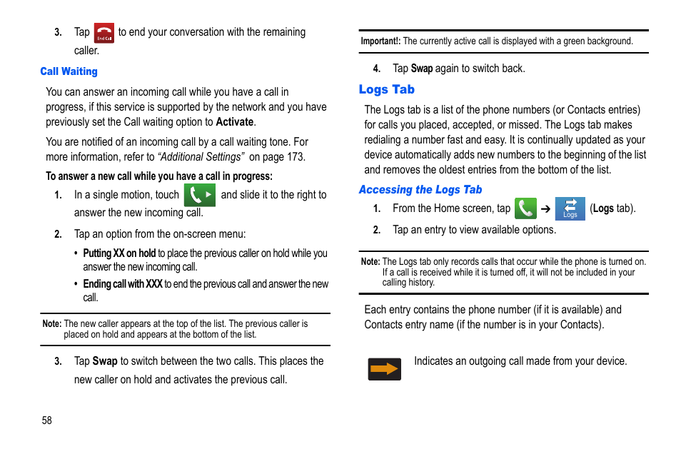 Logs tab | Samsung GALAXY S SGH-T989D User Manual | Page 66 / 223